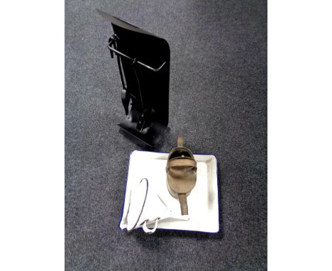A contemporary three piece companion set with stand together with vintage enamel tray, funnel and copper watering can 