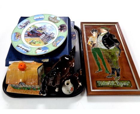 A tray of two boxed Coalport collector's plates, Beswick horse with foal (a/f), framed Pickwick ceramic tile 