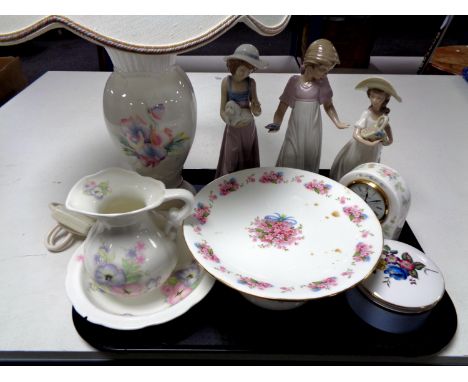 A tray of china, three Nao figures (a/f), Wedgwood clock, Aynsley table lamp with shade, Royal Worcester lidded pot etc 