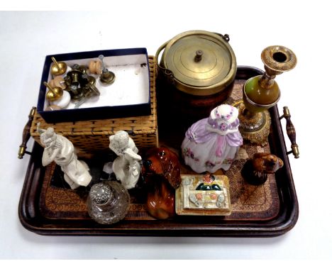 A twin handed poker work tray, treen biscuit barrel, perfume bottle, Beswick Scotch decanter etc 