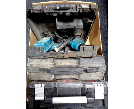A box containing cased Parkside sander, JCB hammer drill, Makita 9.6V electric drill with battery and charger etc 