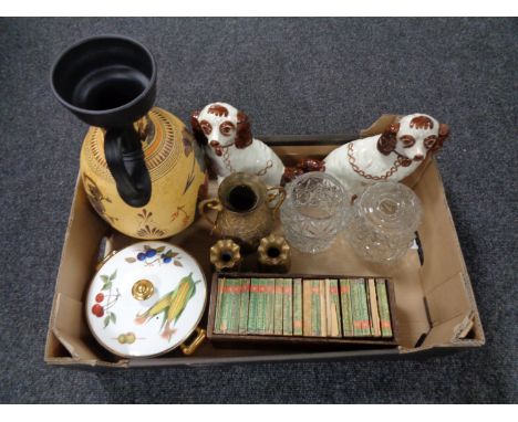 A box of eastern brass vases, 1970's glass light shades, pair of Staffordshire dogs, miniature volumes, Picture History of th