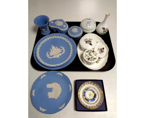 A tray of cabinet china including boxed Royal Worcester Millennium dish, six pieces of Jasper ware, five pieces of Wedgwood H