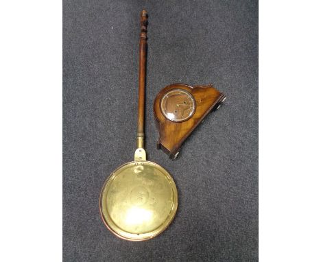 A 1930's walnut cased Smiths Enfield mantel clock together with a copper and brass bed warming pan 
