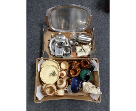 Two boxes of stainless steel, crucifix, chalk lamp base, pottery dinner ware etc 
