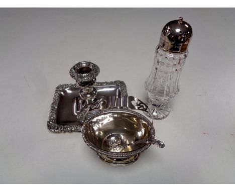 Plated wares to include candlestick, basket etc together with a cutlery glass and plated sugar sifter 
