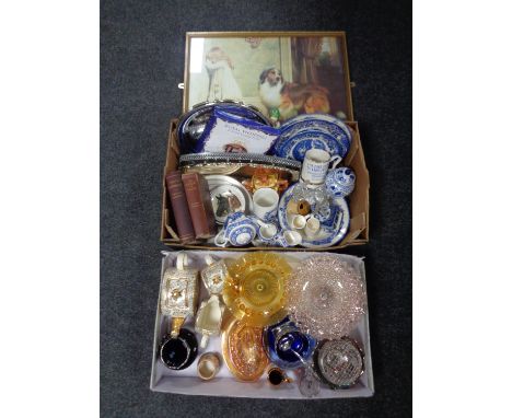 Two boxes of glass comport, Sadler tea ware, blue and white plates, two vintage books, David Copperfield, print etc 