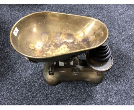A set of antique grocers scales with brass pan and weights 