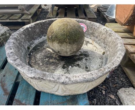 A RECONSTITUTED STONE PLANTER WITH REMOVABLE STONE BALL, 72CM (DIA) / ALL LOTS ARE LOCATED IN SL0 9LG, REGRETFULLY WE DO NOT 