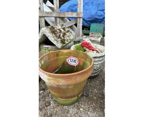 ONE TERRACOTTA AND ONE RECONSTITUTED STONE PLANTER, LARGEST 35CM (H) X 38CM (DIA) / ALL LOTS ARE LOCATED IN SL0 9LG, REGRETFU