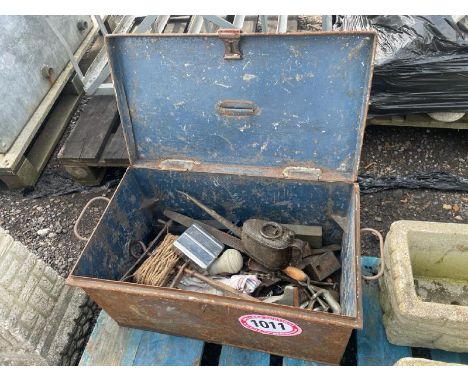 OLD METAL CHEST CONTAINING ASSORTED IRONMONGERY AND TOOLS / ALL LOTS ARE LOCATED IN SL0 9LG, REGRETFULLY WE DO NOT OFFER SHIP