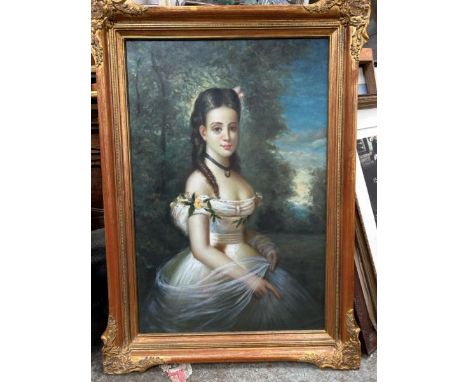GILT FRAMED OIL ON CANVAS PORTRAIT OF A YOUNG LADY, UNSIGNED. 80 X 110CM INC. FRAME 
