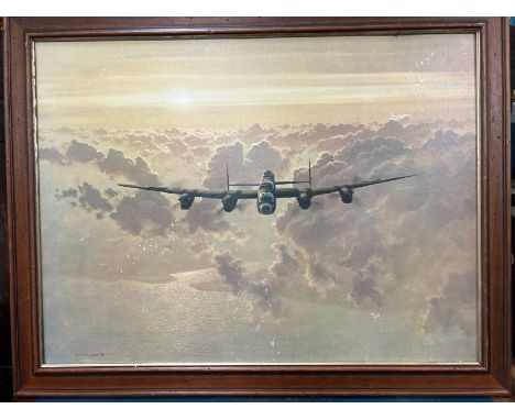 FRAMED GERALD COULSON PRINT OF A SECOND WORLD WAR 'OUTBOUND LANCASTER CROSSING EAST COAST'. 87 X 69CM INC. FRAME 