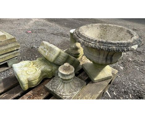 A PALLET OF STONEWARE INCL. URN PLANTER AND BENCH SUPPORTS / ALL LOTS ARE LOCATED IN SL0 9LG, REGRETFULLY WE DO NOT OFFER SHI