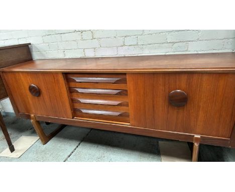 VINTAGE TEAK SIDEBOARD WITH THREE DRAWERS AND TWO SLIDING DOORS, 185 X 79 X 45CM / ALL LOTS ARE LOCATED IN SL0 9LG, REGRETFUL