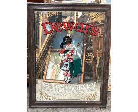 DEWAR'S SCOTCH WHISKY ADVERTISING MIRROR IN WODDEN FRAME. PUB INTEREST. 48 X 63CM INC. FRAME 