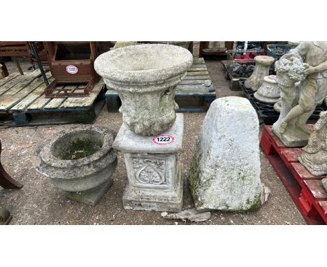 A PLANTER, STADDLE STONE BASE, URN TOP AND PLINTH / ALL LOTS ARE LOCATED IN SL0 9LG, REGRETFULLY WE DO NOT OFFER SHIPPING, BU
