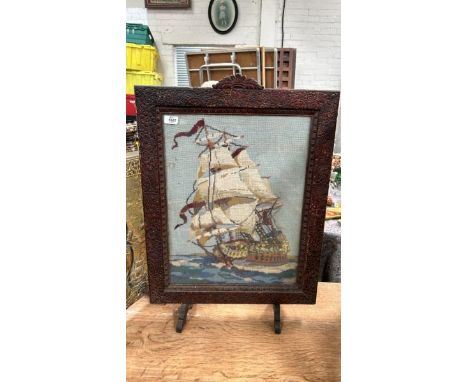 TAPESTRY SCREEN DEPICTING A TALL SHIP WITH A WOODEN FRAME 55 X 77CM / ALL LOTS ARE LOCATED IN SL0 9LG, REGRETFULLY WE DO NOT 