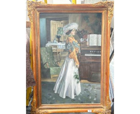 LARGE GILT FRAMED OIL ON CANVAS, PORTRAIT OF VICTORIAN LADY AT HOME, UNSIGNED. 80 X 105CM INC. FRAME 