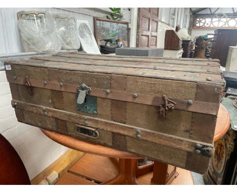 VINTAGE CANVAS COVERED, METAL BOUND CHEST, 92 X 33 X 50CM / ALL LOTS ARE LOCATED IN SL0 9LG, REGRETFULLY WE DO NOT OFFER SHIP