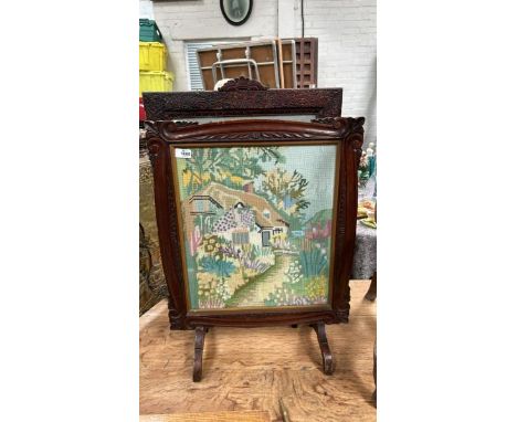 TAPESTRY SCREEN DEPICTING COTTAGE SCENE WITH MAHOGANY FRAME 52 X 88CM / ALL LOTS ARE LOCATED IN SL0 9LG, REGRETFULLY WE DO NO