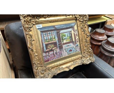 FRAMED TAPESTRY IN GILT FRAME DEPICTING FRONT ROOM SCENE, 49 X 45CM INC. FRAME / ALL LOTS ARE LOCATED IN SL0 9LG, REGRETFULLY
