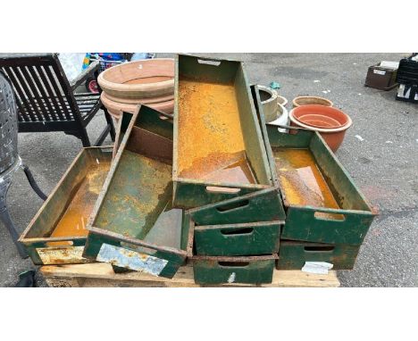 TEN VINTAGE METAL TOTES, 75CM (L) X 32CM (W) / ALL LOTS ARE LOCATED IN SL0 9LG, REGRETFULLY WE DO NOT OFFER SHIPPING, BUYERS 