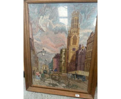 FRAMED AND GLAZED TAPESTRY OF A VICTORIAN TOWN SCENE , UNSIGNED. 71 X 94CM INC. FRAME 