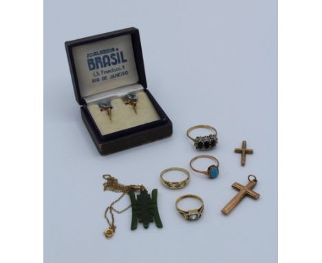 A collection of gold and other jewellery comprising a pair of paste and yellow metal earrings (tests 14k) with case for Jo Al