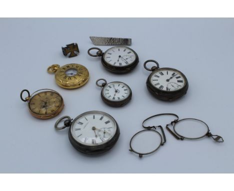 A collection of silver and continental silver key wound pocket watches. Untested and without keys. Along with a pair of pince