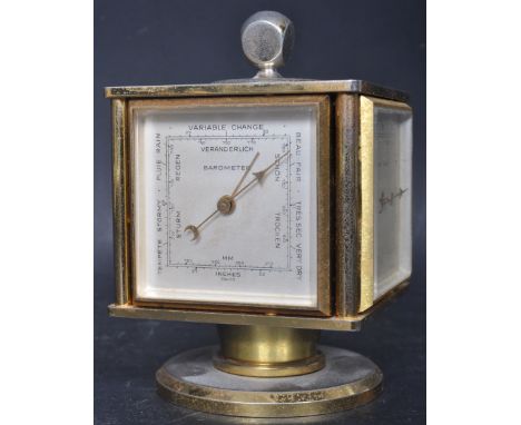 A Mid 20th Century Gilt Metal Cubist Weather Station on Circular Stand. Compass Top and Hinged Side Panels for Barometer, The