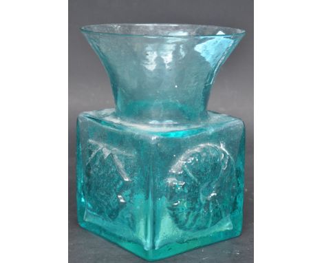 A post war Dartington FT66 vase designed by Frank Thrower, a square form with flared neck, decorated with relief moulded abst