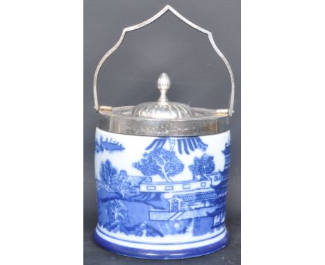 A 20th century vintage Chinese Oriental biscuit barrel having a silver plate collar and lid with gadrooning a shaped finial o