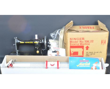 A retro vintage mid 20th century Singer sewing machine model 15NL 22 together with with a Singer Model SB125 knitting machine