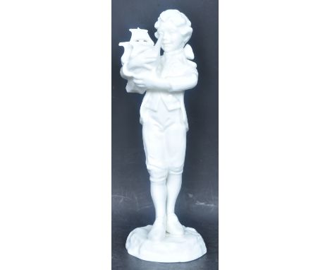 A 20th century Royal Worcester trial piece figure in the form of a boy in regency dress holding a galleon ship model with whi