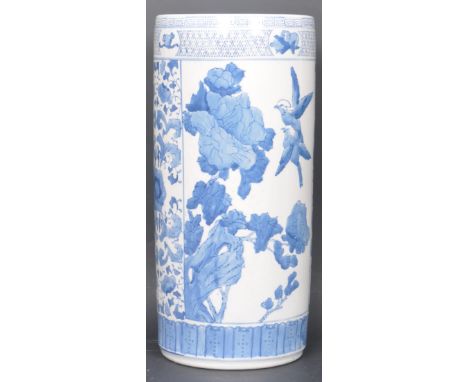 A vintage Chinese oriental Blue and White ceramic ceramic stick stand of cylindrical form having a Greek Key border to the ri