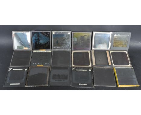 A large collection of Victorian 19th century glass lantern slides featuring etchings depicting biblical scenes, ships, domest