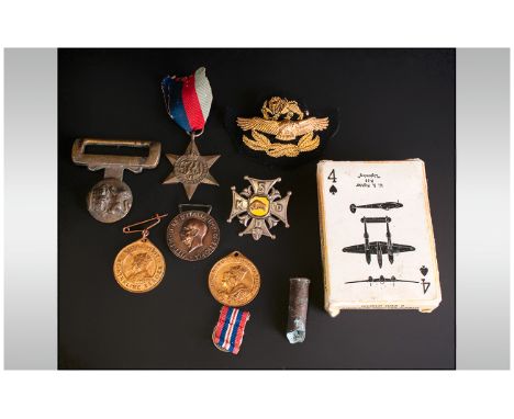 Mixed Lot Of Military Related Items Comprising WW2 Medal, Boar War Part Belt Buckle, Italian Medal, Coronation Medals, Airpla