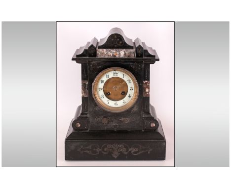French/Paris Late 19th Century Black Marble Shaped Mantle Clock with 8 day striking movement, porcelain chapter ring etc. Sta