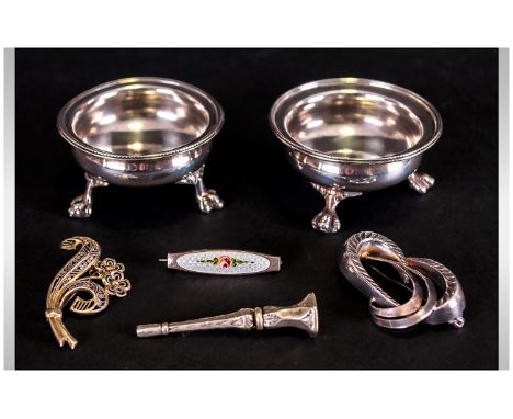 A Small Collection of Antique Silver Items, Including a Pair of Fine Silver Salts, with Ball and Claw Feet. Hallmark London 1