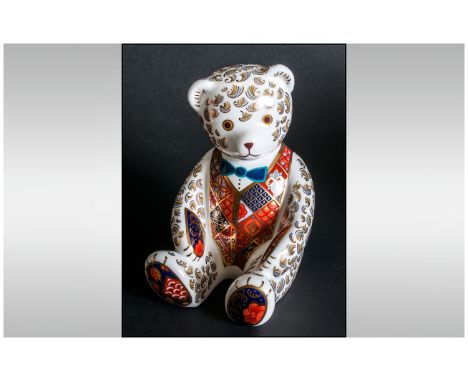 Royal Crown Derby Ltd Edition Paperweight ' Teddy Bear ' Blue Bow Tie, Red Imari Waistcoat with Blue Pads. Gold Stopper. Date