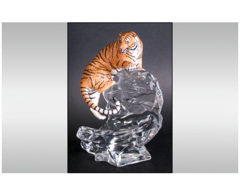 German 20th Century Quality Figure of a Ceramic Tiger Figurine, Standing on a Glass Rock Edge. Stands 9.5 Inches High. 