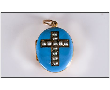 Mid Victorian - Ornate 9ct Gold and Enamel Oval Locket. The Central Cross Set with Seed Pearls. 1.25 Inches High. Not Marked 