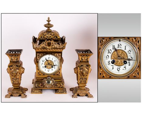 French 19th Century Fine And Ornate Brass Clock Garniture Set Circa 1880 which features Brocot pendulum, 8 day striking movem