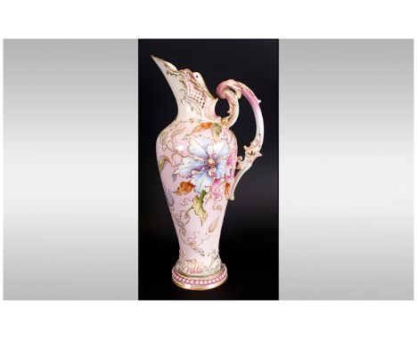 Royal Worcester Prismatic Enamel Hand Painted and Impressive Floral Decoration on Pink Colour way Tall Ewer. c.1890's. Height