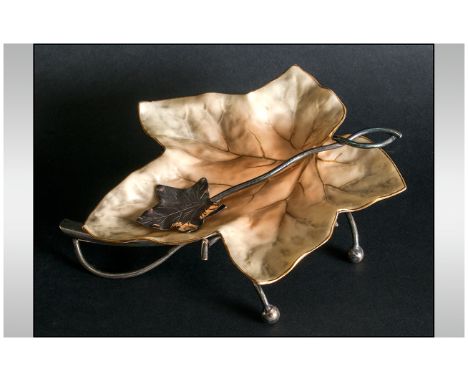 Royal Worcester Blush Ivory Leaf Dish, Raised on a Silver Plated Naturalistic Branch Stand. Date 1899.  7.5 Inches Diameter. 