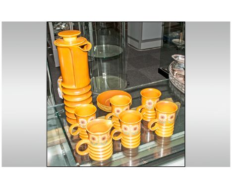 Retro Carltonware Style Coffee Service, sunflowers on a brown ground. Comprising Coffee pot, 5 cups & saucers & milk jug