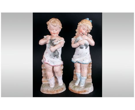 German/Huebach Fine Pair Of Handpainted 19th Century Bisque Figures, Schutz mark, Huebach to base. Each stands 12.5'' in heig