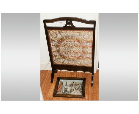 Edwardian Mahogany Glazed Firescreen with a fine embroidered panel to the centre. 36'' in height, 26'' in width, with a small