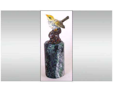 Austrian - Fine and Signed Antique Cold Painted Bronze Bird Figure, Raised on a Green Mottled Marble Cylindrical Shaped Colum